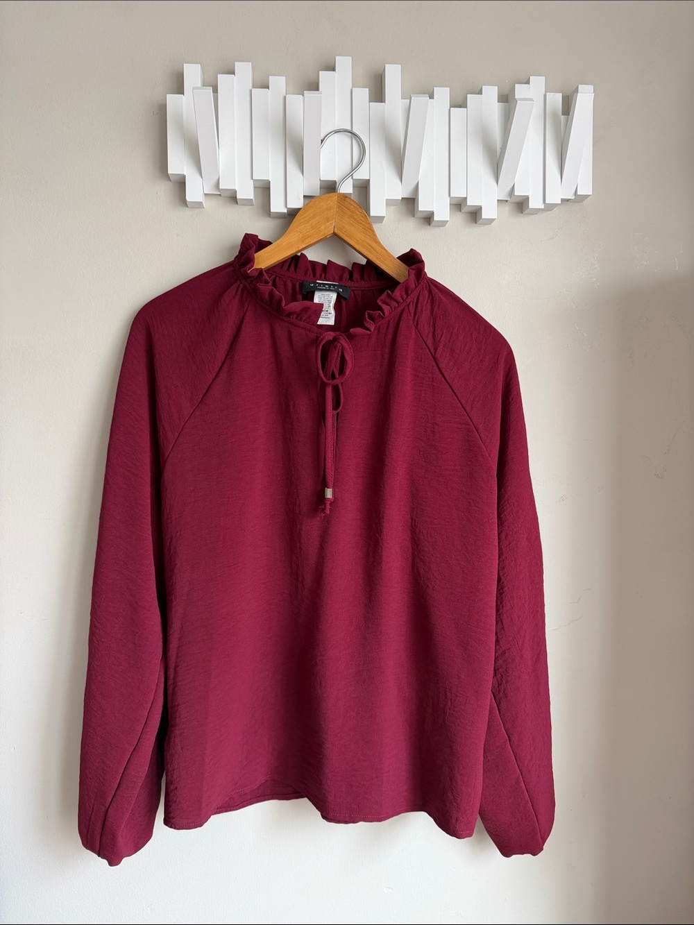 Ariella Wine Ruffle Tie-Neck Long Sleeve Blouse